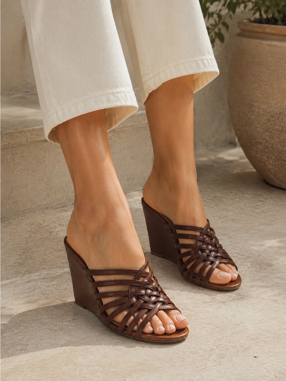 Cole Haan Brown Woven Leather Wedge Mules